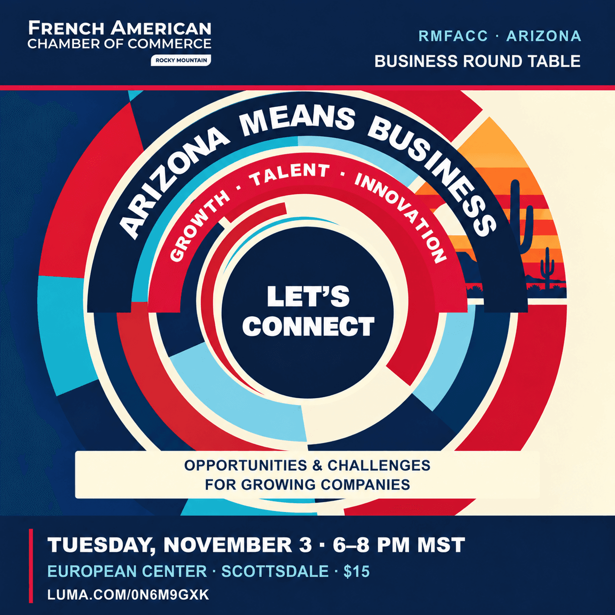 RMFACC Arizona Means Business roundtable poster with concentric type and Arizona desert colors
