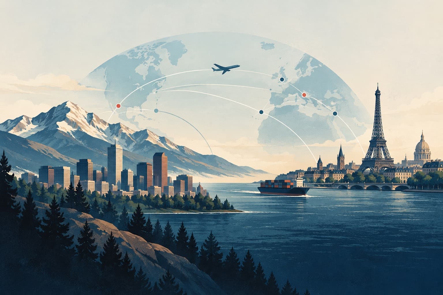 RMFACC illustration of the Colorado mountains and a French city connected across the Atlantic