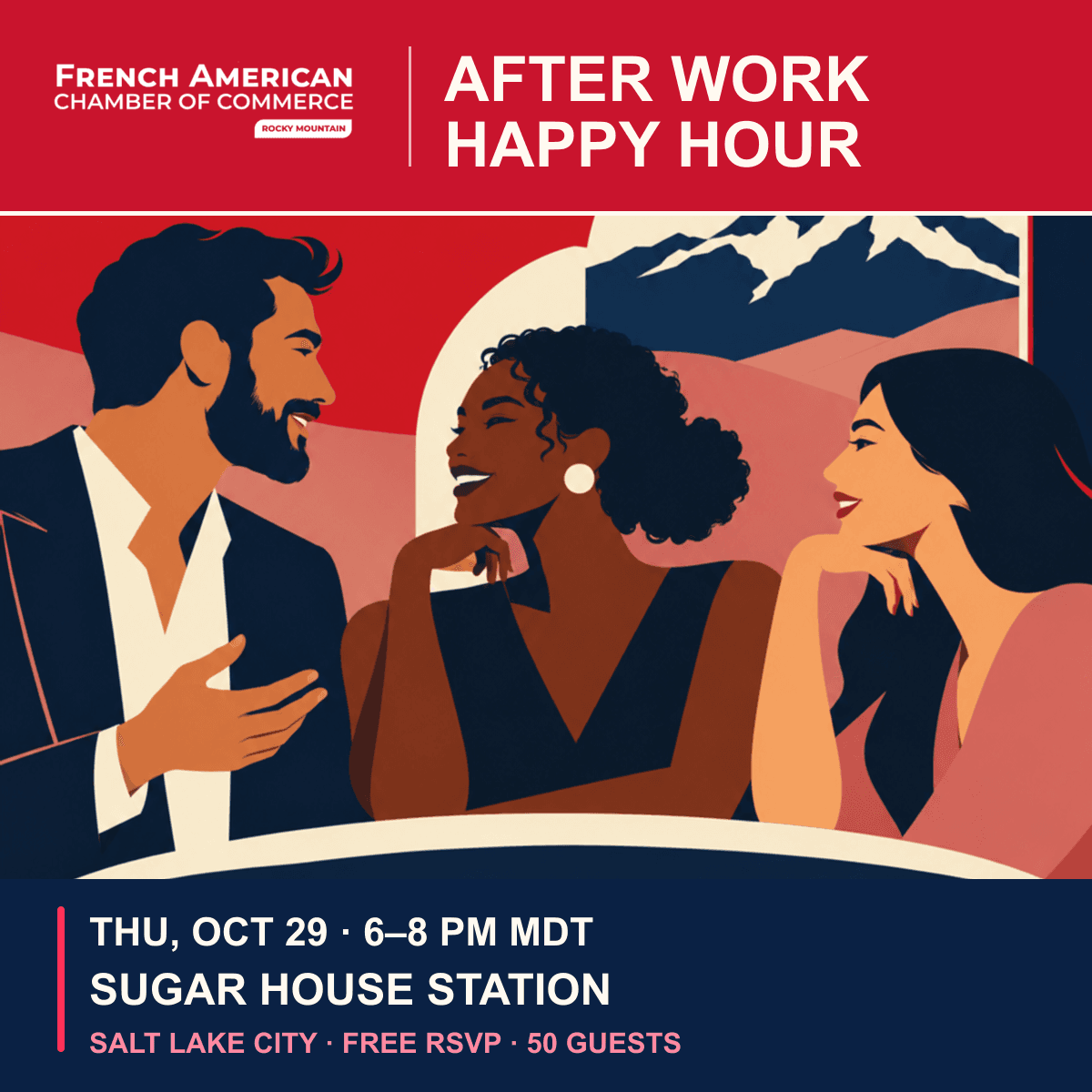 RMFACC Utah After Work Happy Hour artwork showing three people in conversation before the mountains